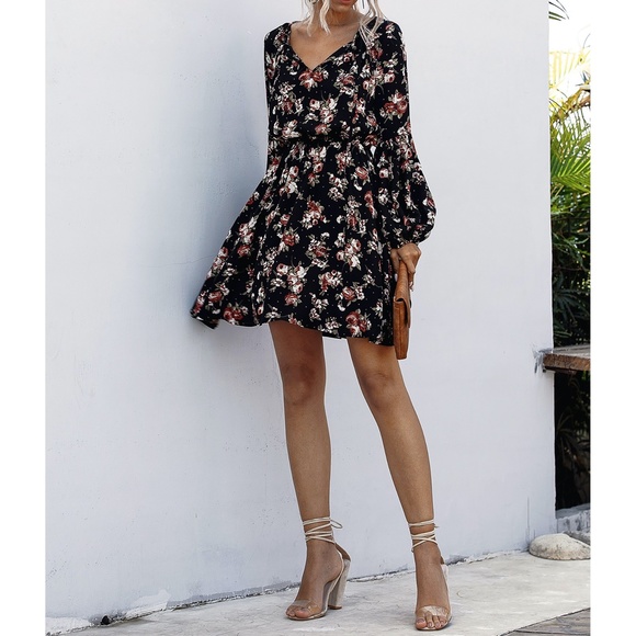 Black Floral Print Long Sleeve Fit & Flare Dress - Picture 3 of 14